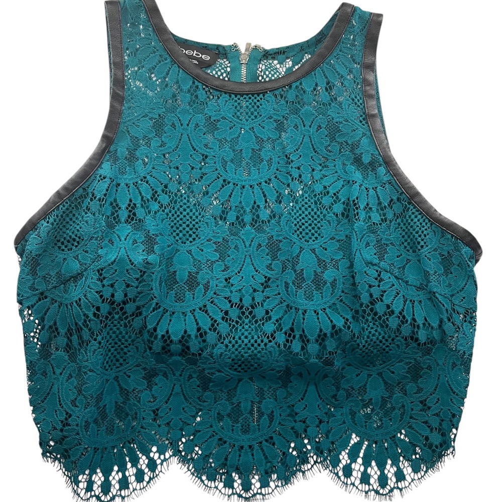 Bebe Teal,emerald green Lace, Leather trim, sleeveless, crop top, Large - Picture 2 of 7